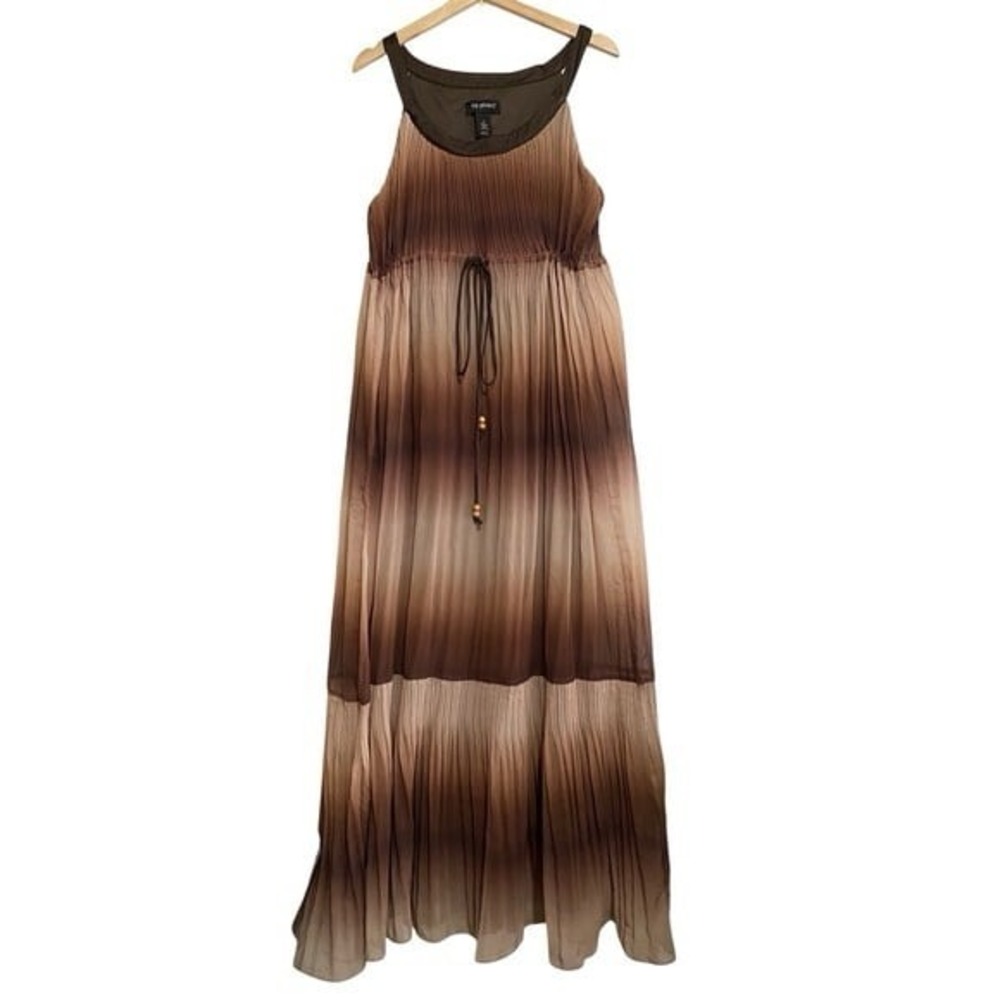 Lane‎ Bryant 18 Brown Ombre Pleated Maxi Dress Sleeveless Chiffon Boho tie waist